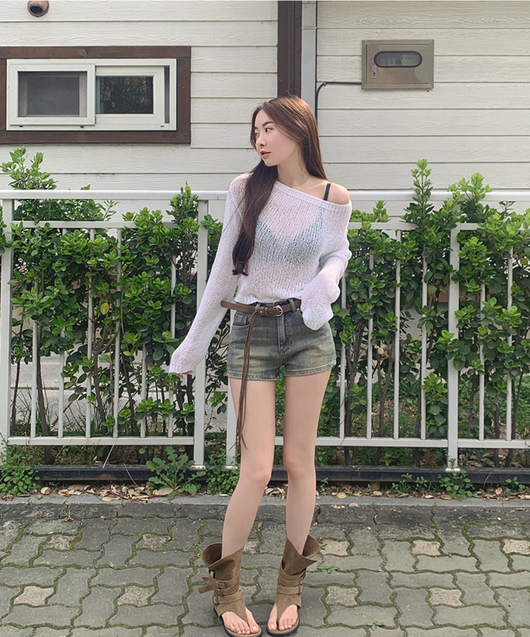 【ベルト付きビンテージショートデニムパンツ MID DENIM