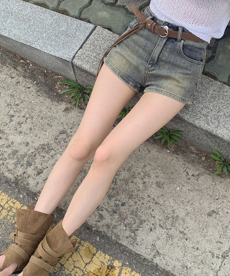 【ベルト付きビンテージショートデニムパンツ MID DENIM