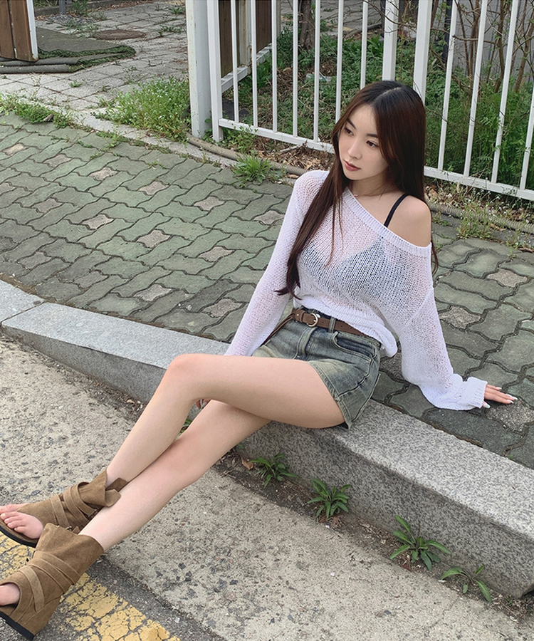 【ベルト付きビンテージショートデニムパンツ MID DENIM