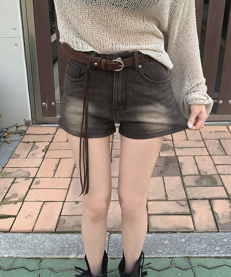 【ベルト付きビンテージショートデニムパンツ BLACK DENIM