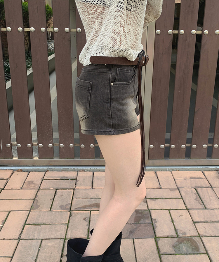 【ベルト付きビンテージショートデニムパンツ BLACK DENIM