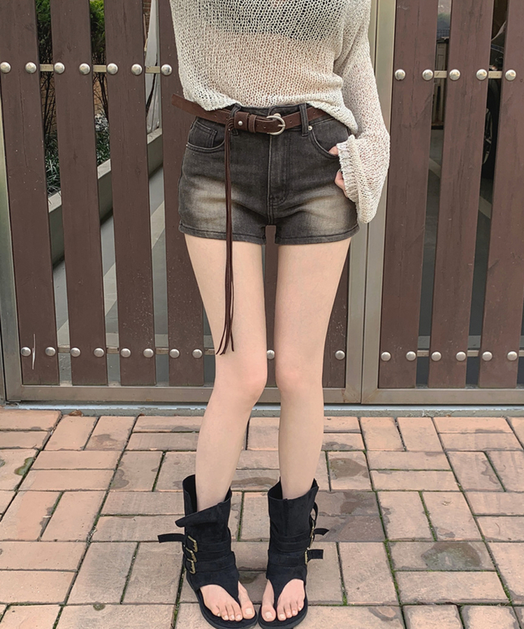 【ベルト付きビンテージショートデニムパンツ BLACK DENIM