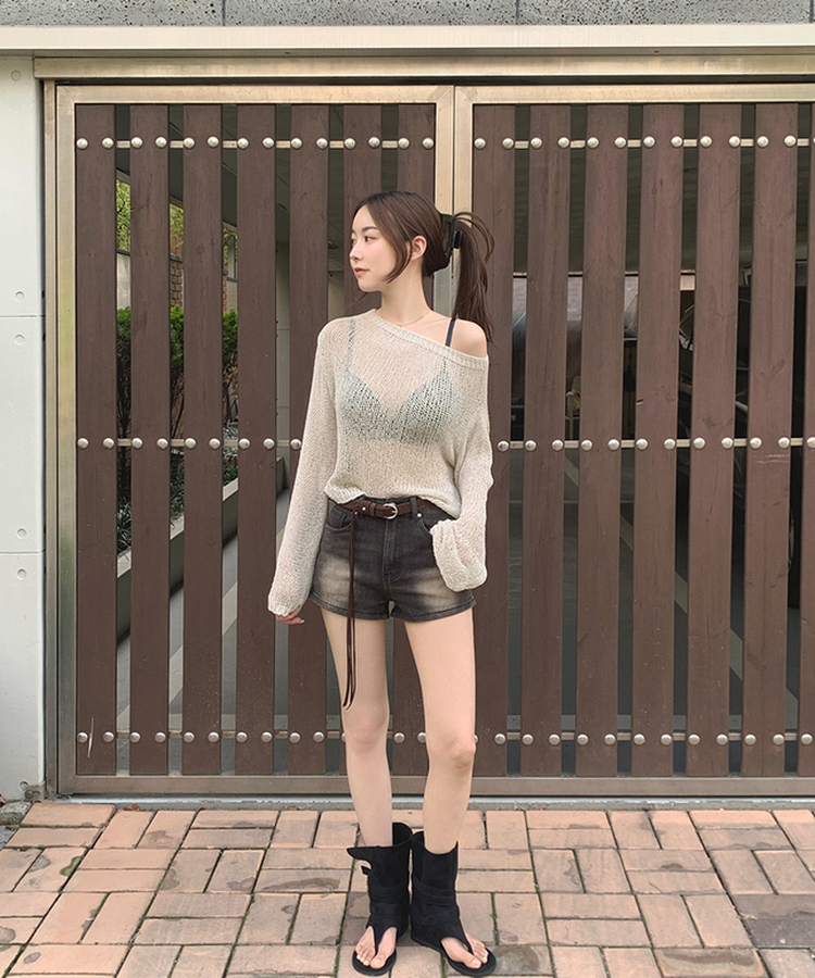 【ベルト付きビンテージショートデニムパンツ BLACK DENIM