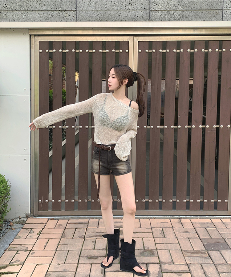 【ベルト付きビンテージショートデニムパンツ BLACK DENIM