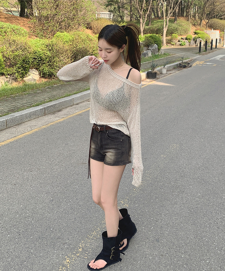 【ベルト付きビンテージショートデニムパンツ BLACK DENIM