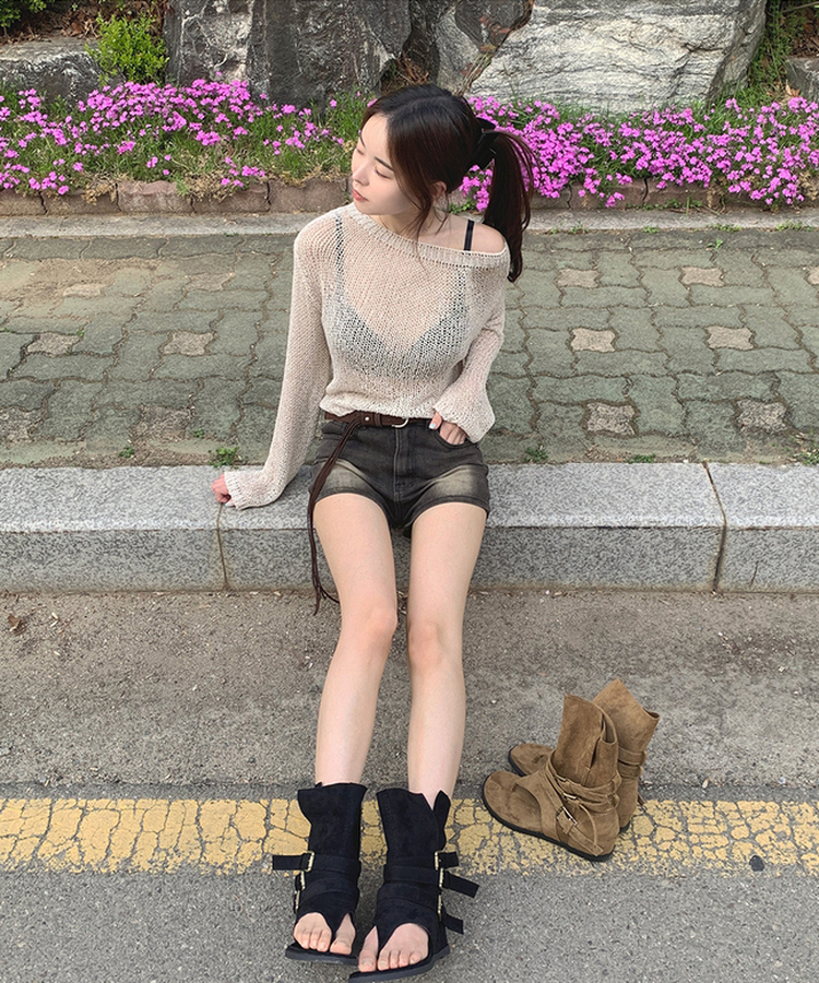 【ベルト付きビンテージショートデニムパンツ BLACK DENIM