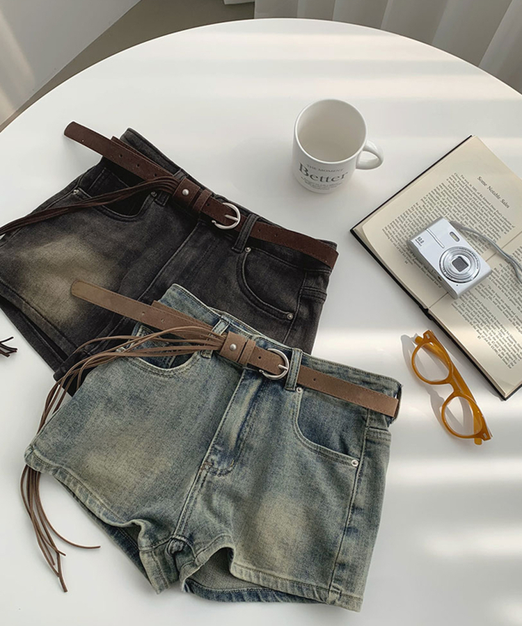 【ベルト付きビンテージショートデニムパンツ