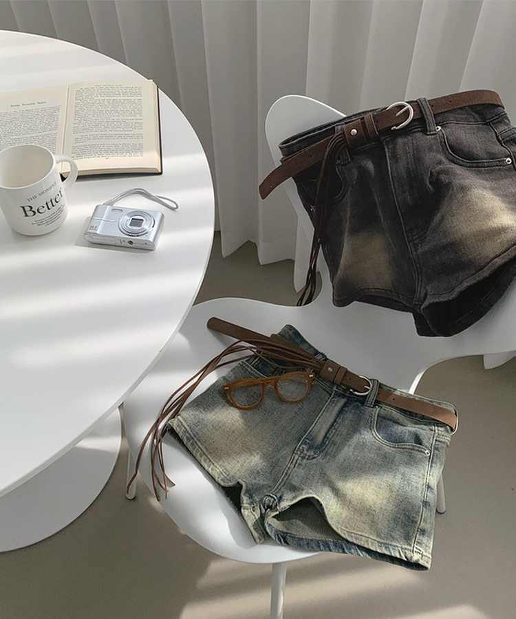 【ベルト付きビンテージショートデニムパンツ