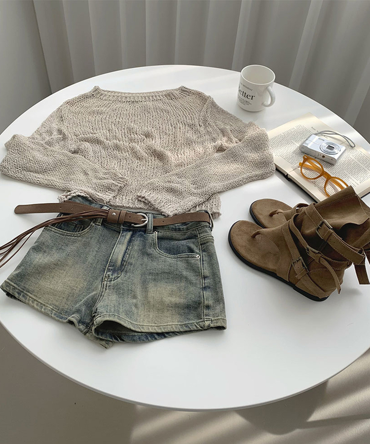 【ベルト付きビンテージショートデニムパンツ