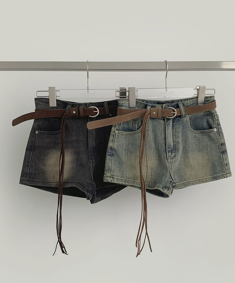 【ベルト付きビンテージショートデニムパンツ