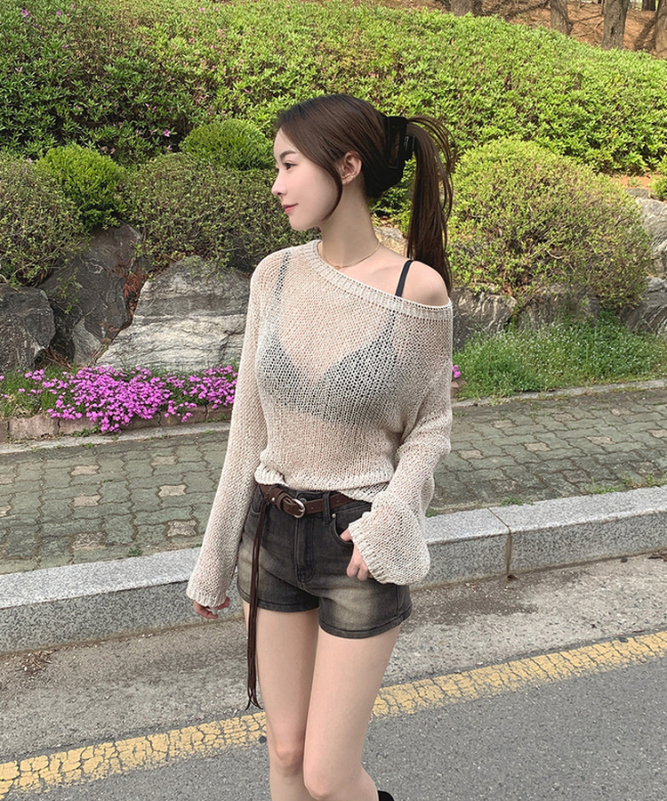 ボートネックメッシュ長袖トップス BEIGE