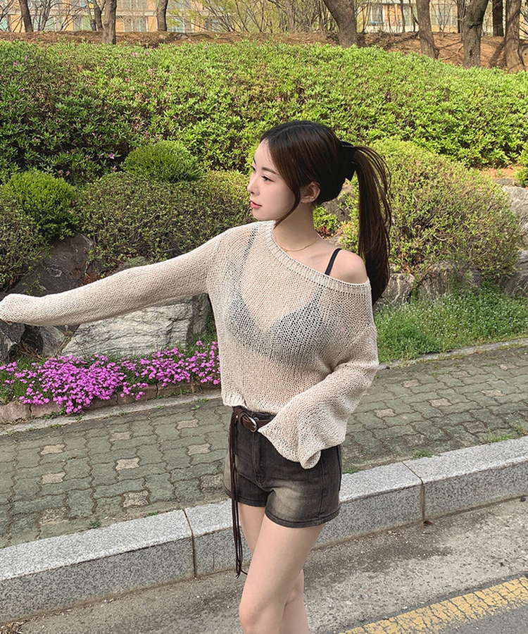 ボートネックメッシュ長袖トップス BEIGE