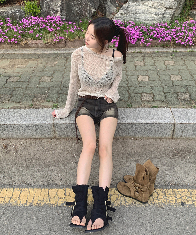 ボートネックメッシュ長袖トップス BEIGE