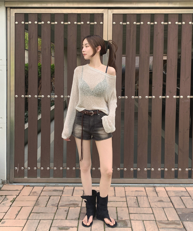 ボートネックメッシュ長袖トップス BEIGE