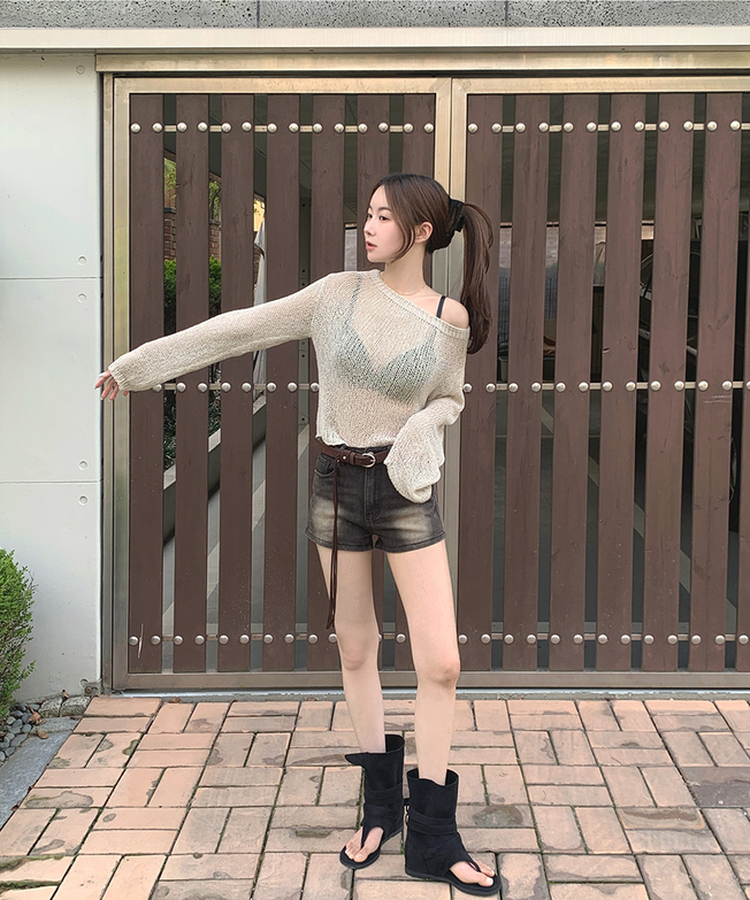 ボートネックメッシュ長袖トップス BEIGE