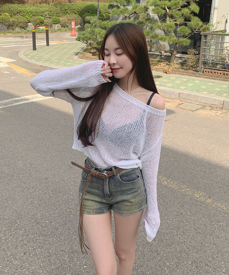 ボートネックメッシュ長袖トップス IVORY