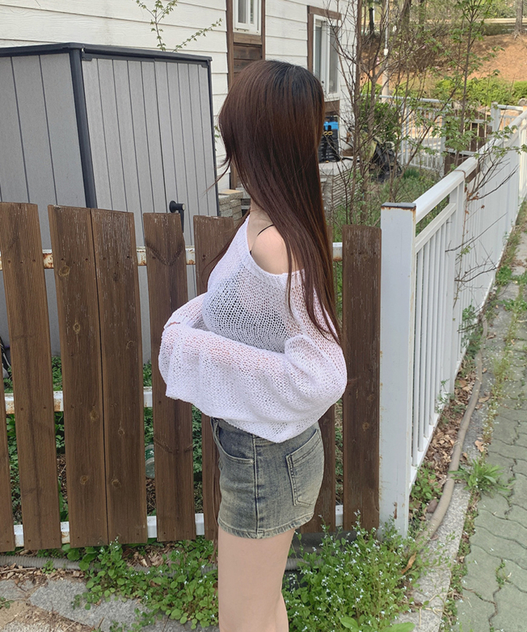 ボートネックメッシュ長袖トップス IVORY