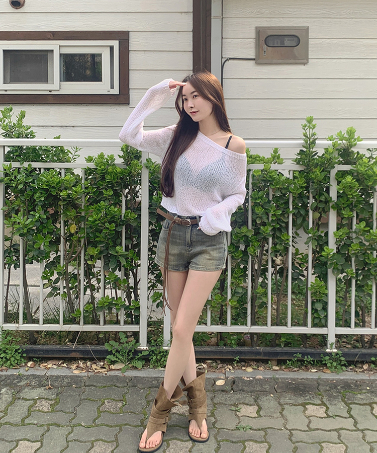 ボートネックメッシュ長袖トップス IVORY