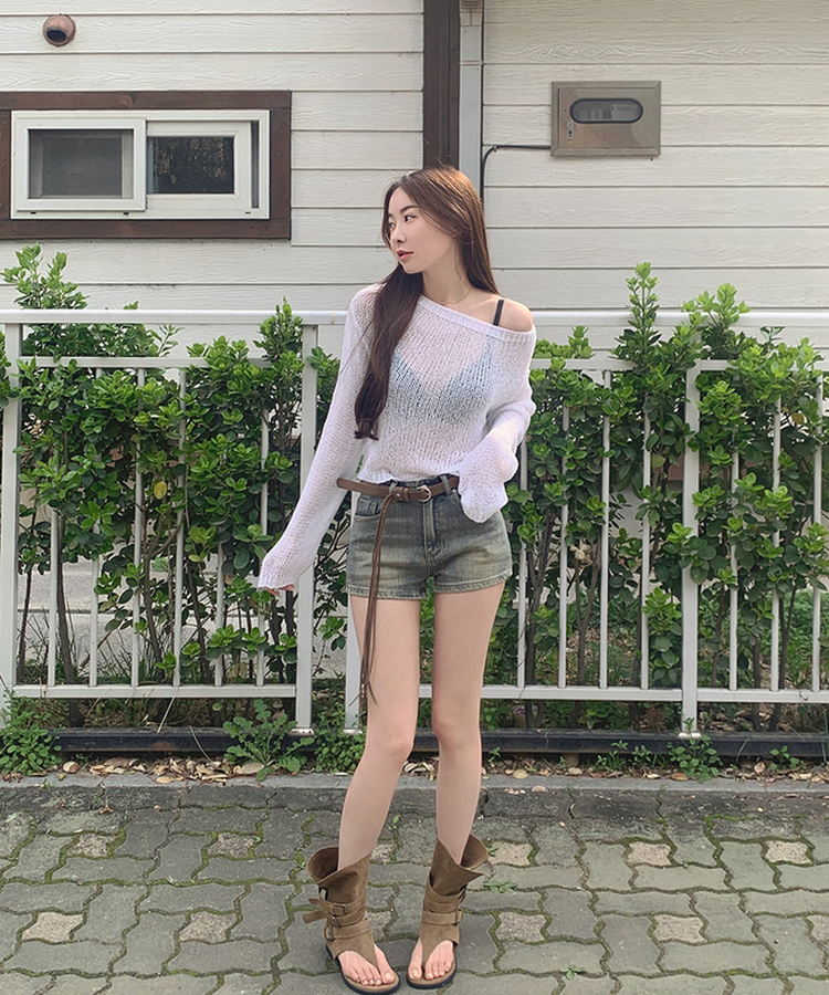 ボートネックメッシュ長袖トップス IVORY