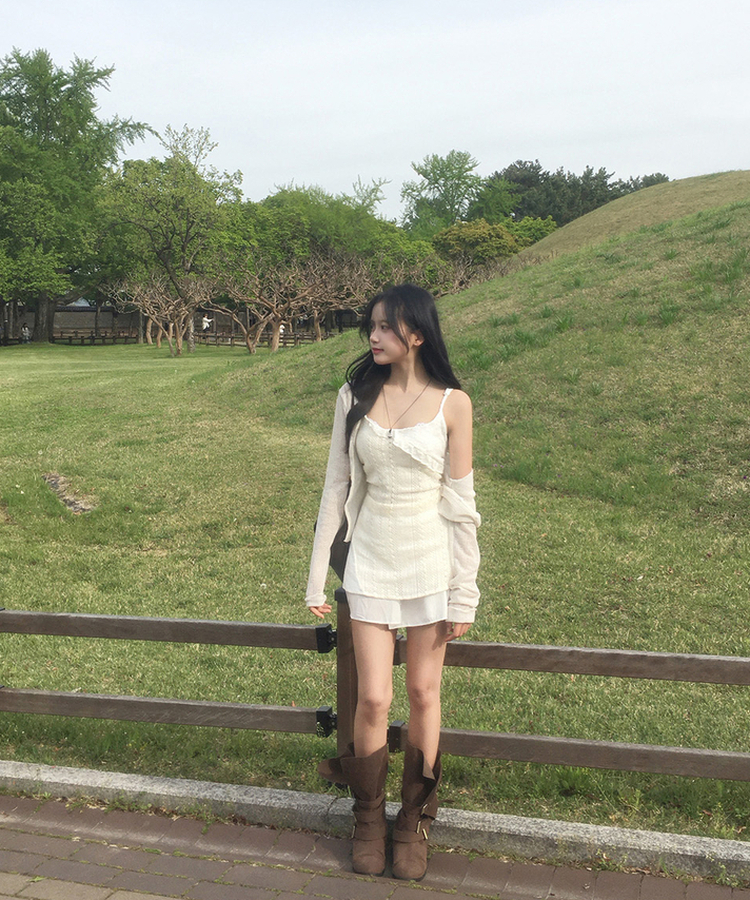 シースルー長袖ニットカーディガン BEIGE