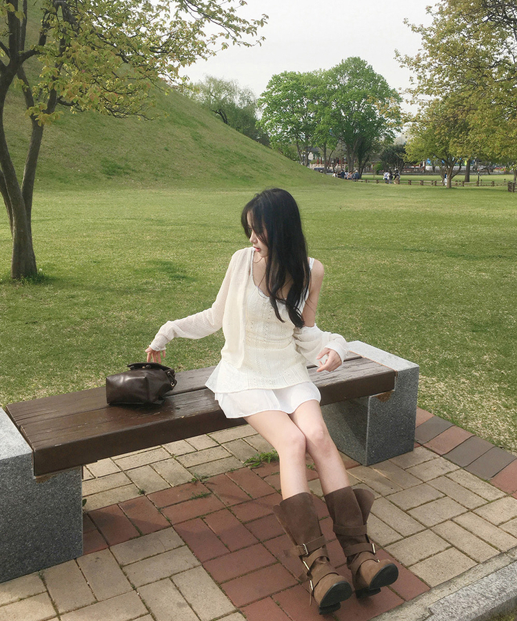 シースルー長袖ニットカーディガン BEIGE