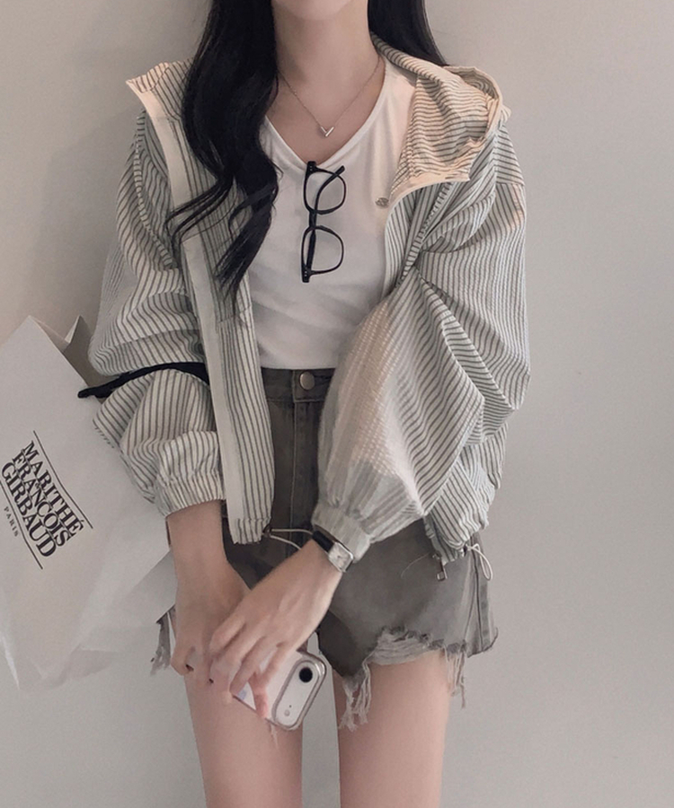 여름내내 살안타는 이유리틀 스트라이프 후드 집업 스트링 점퍼 아이보리