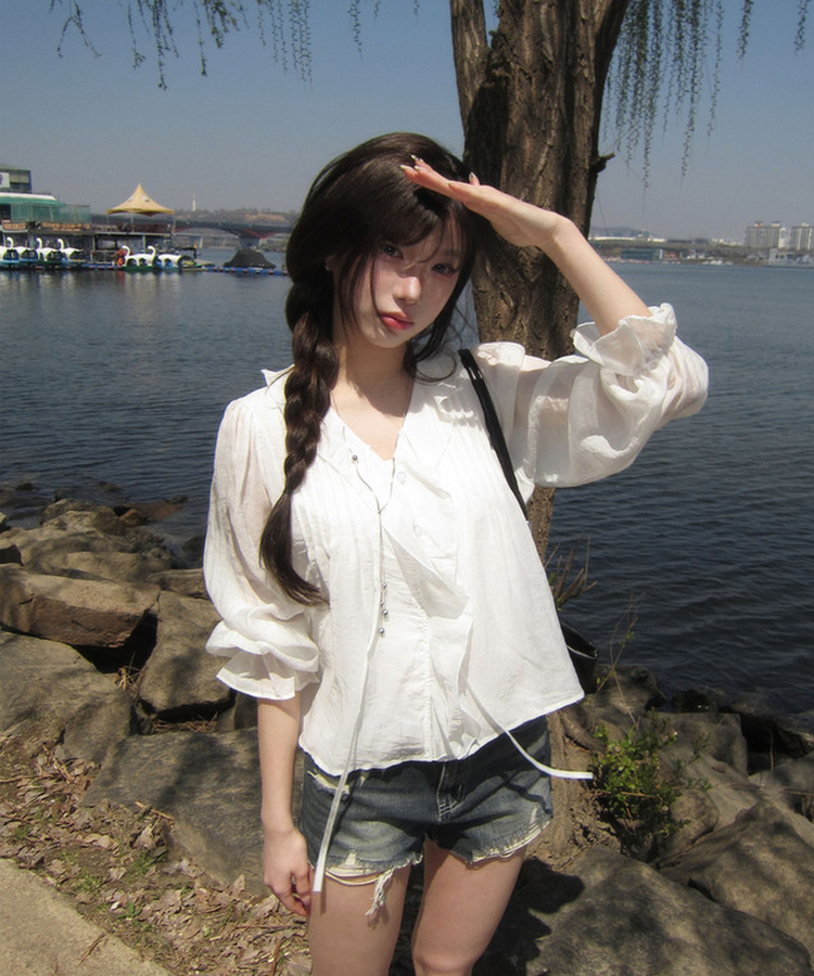 シャーリングパフリボンブラウス WHITE