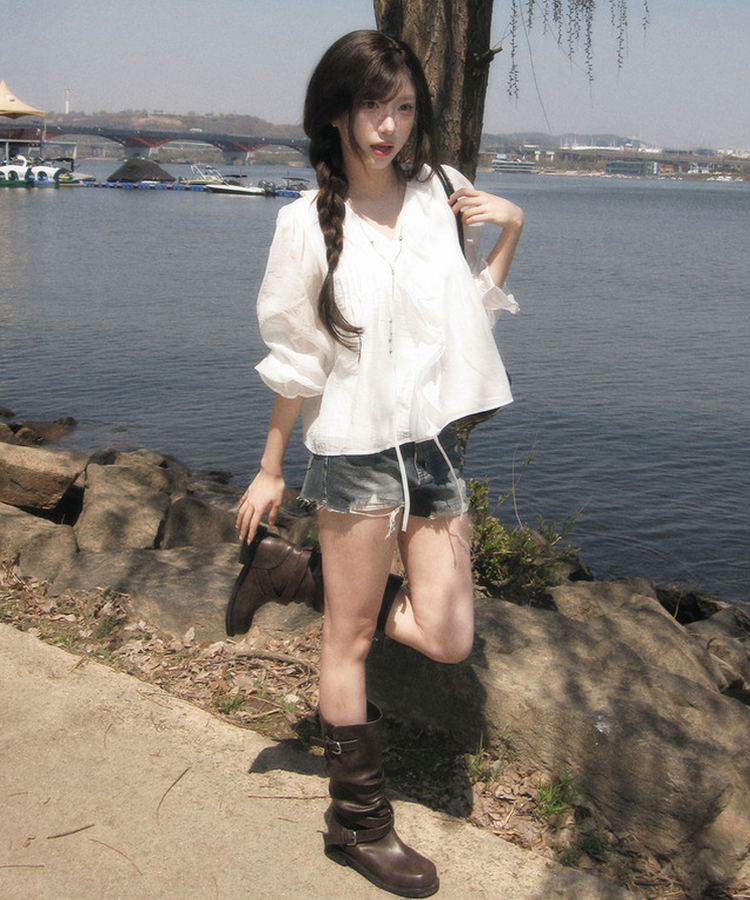 シャーリングパフリボンブラウス WHITE