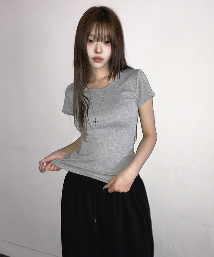 カラーベーシックデイリーUネック半袖Tシャツ(12color) Merange Gray
