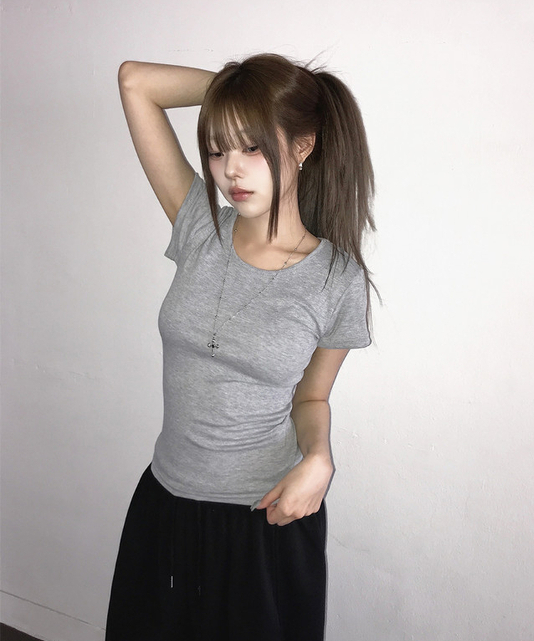 カラーベーシックデイリーUネック半袖Tシャツ(12color) Merange Gray