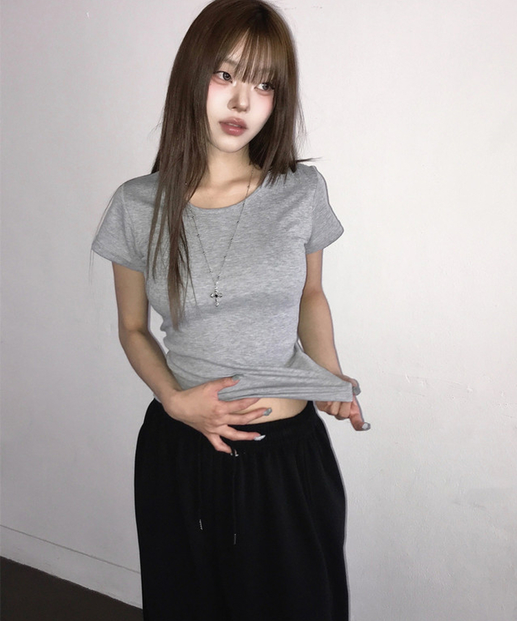 カラーベーシックデイリーUネック半袖Tシャツ(12color) Merange Gray