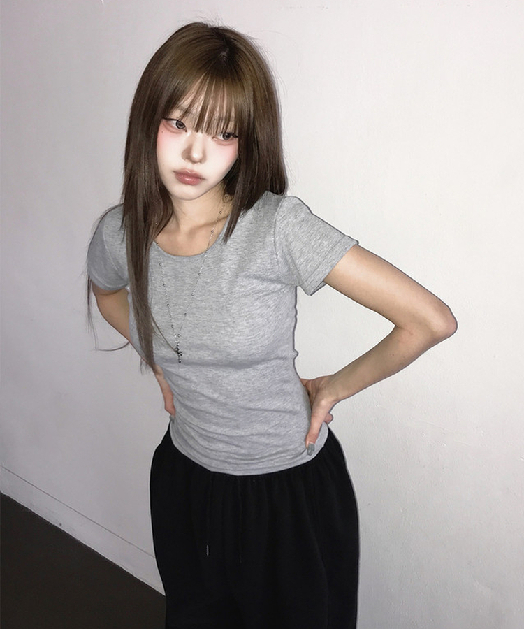 カラーベーシックデイリーUネック半袖Tシャツ(12color) Merange Gray