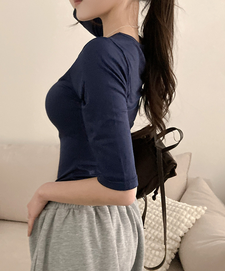 뱅뱅 슬림핏 쫀득 레이온 7부 반팔 티셔츠 네이비