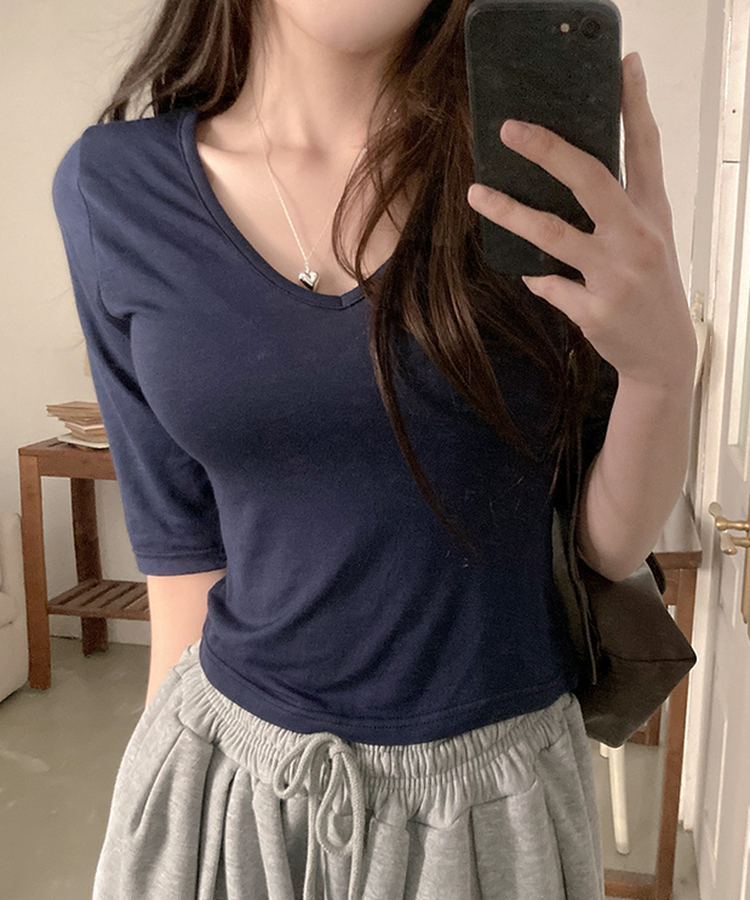 뱅뱅 슬림핏 쫀득 레이온 7부 반팔 티셔츠 네이비