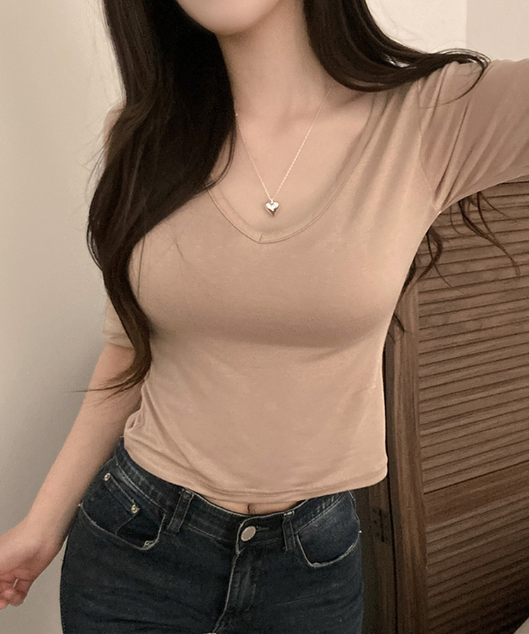 뱅뱅 슬림핏 쫀득 레이온 7부 반팔 티셔츠 베이지