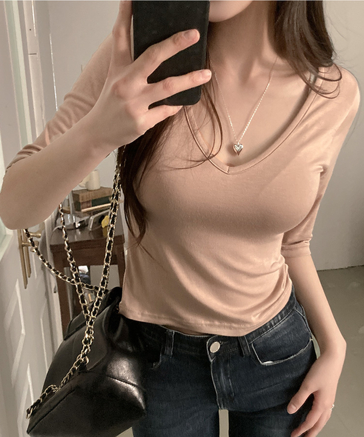 뱅뱅 슬림핏 쫀득 레이온 7부 반팔 티셔츠 베이지