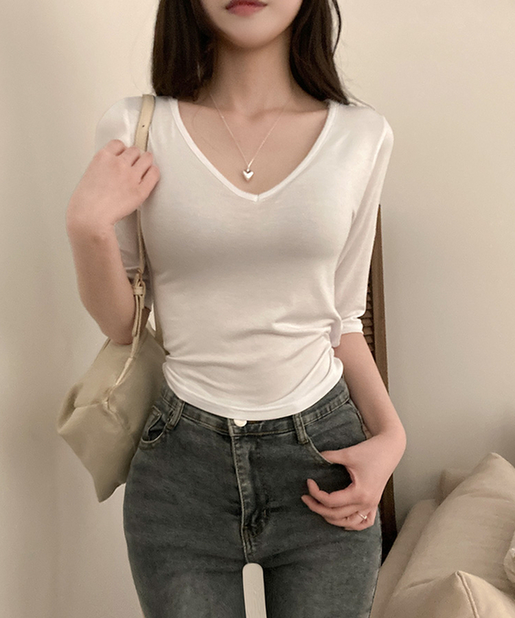 뱅뱅 슬림핏 쫀득 레이온 7부 반팔 티셔츠 화이트