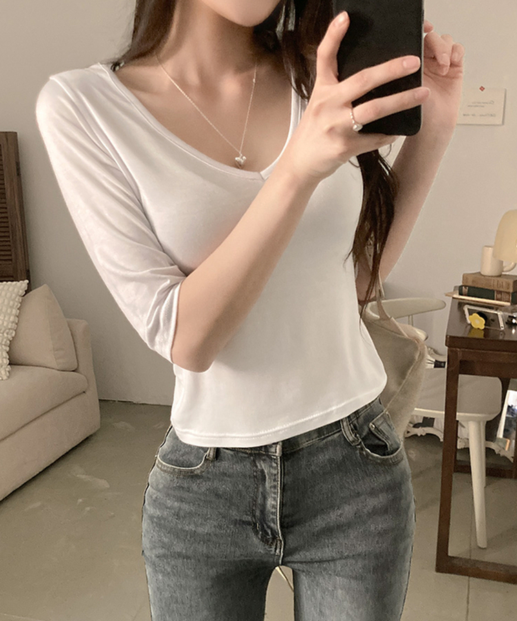 뱅뱅 슬림핏 쫀득 레이온 7부 반팔 티셔츠 화이트