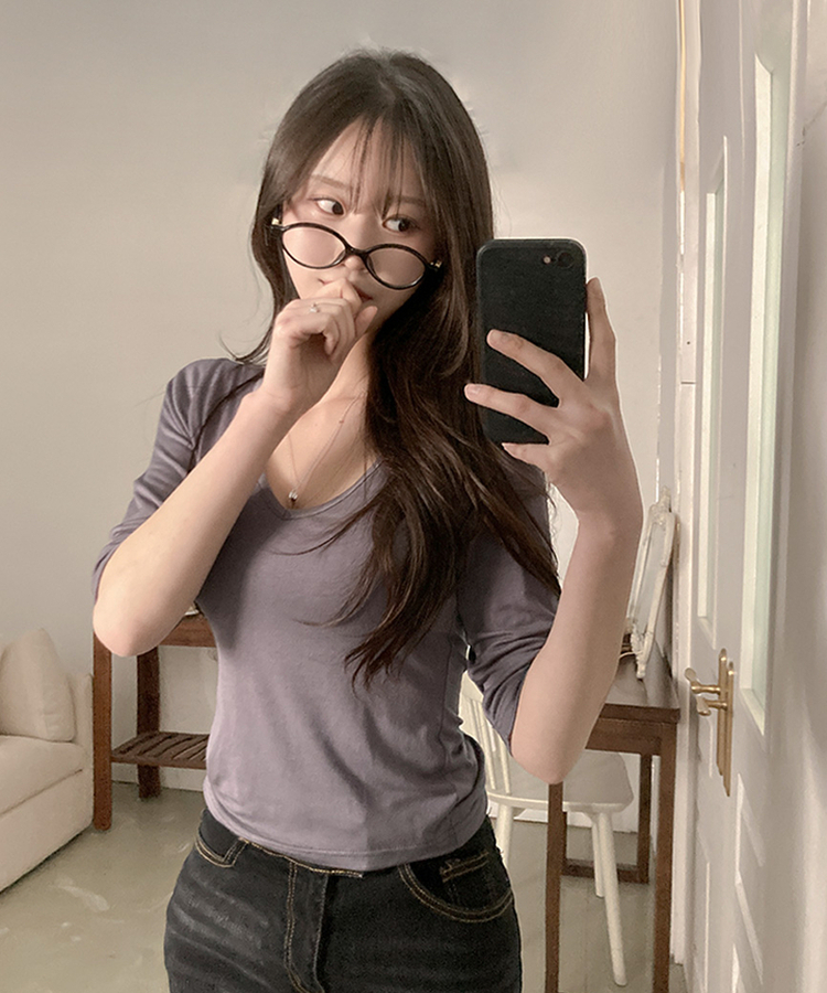 뱅뱅 슬림핏 쫀득 레이온 7부 반팔 티셔츠 차콜