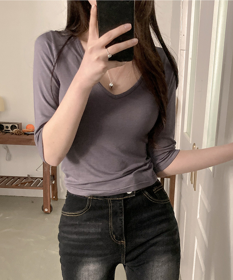뱅뱅 슬림핏 쫀득 레이온 7부 반팔 티셔츠 차콜