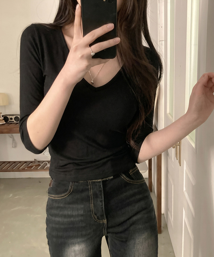 뱅뱅 슬림핏 쫀득 레이온 7부 반팔 티셔츠 블랙