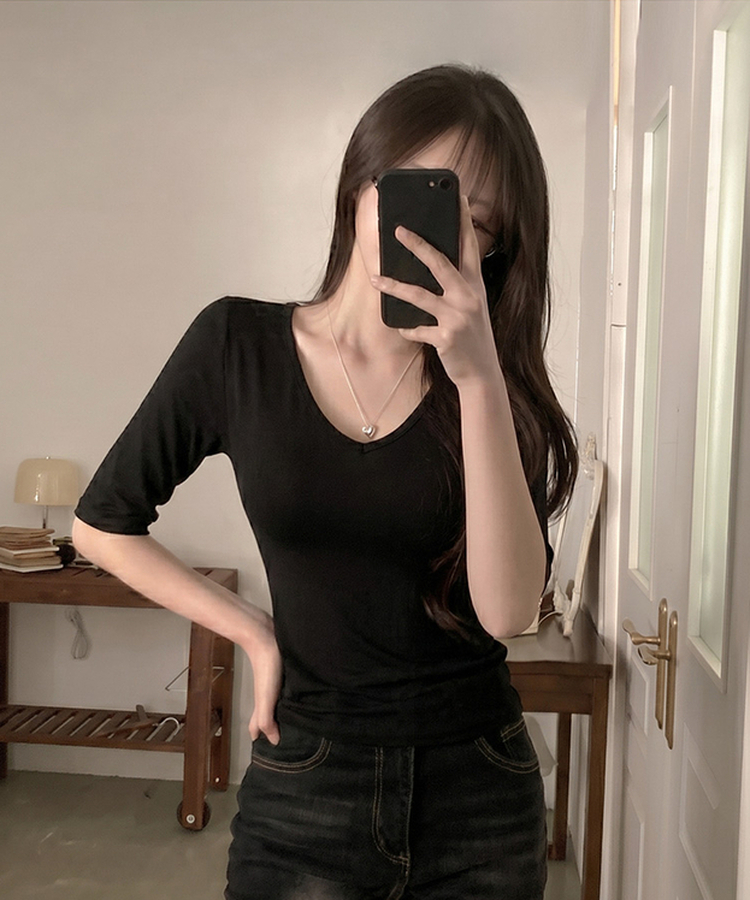 뱅뱅 슬림핏 쫀득 레이온 7부 반팔 티셔츠 블랙