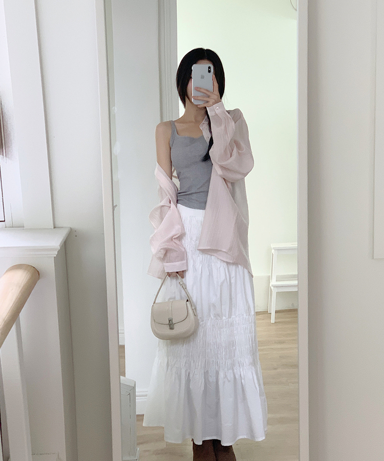 カラーネックロングシアーシャツ(5color) PINK