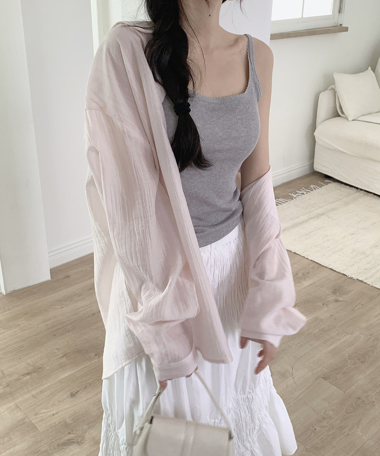 カラーネックロングシアーシャツ(5color) PINK