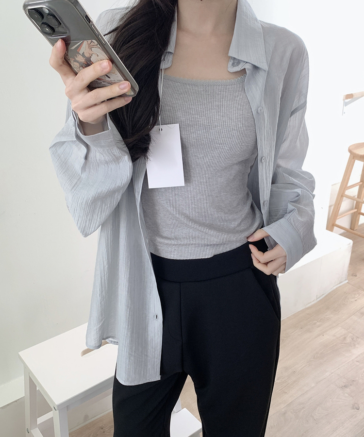 カラーネックロングシアーシャツ(5color) LIGHT GRAY