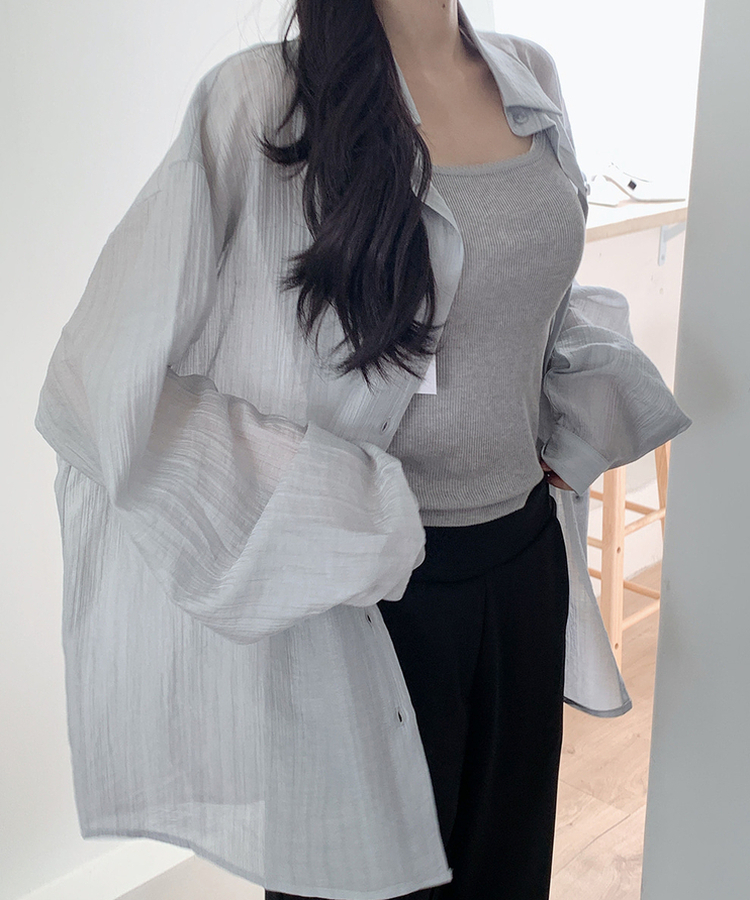 カラーネックロングシアーシャツ(5color) LIGHT GRAY