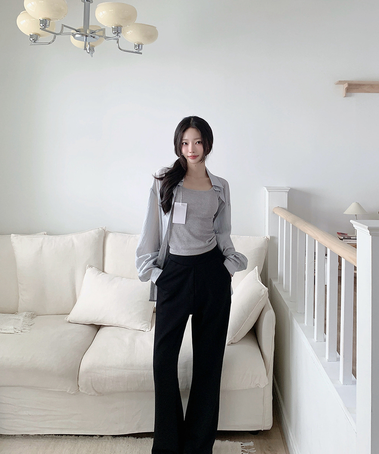 カラーネックロングシアーシャツ(5color) LIGHT GRAY