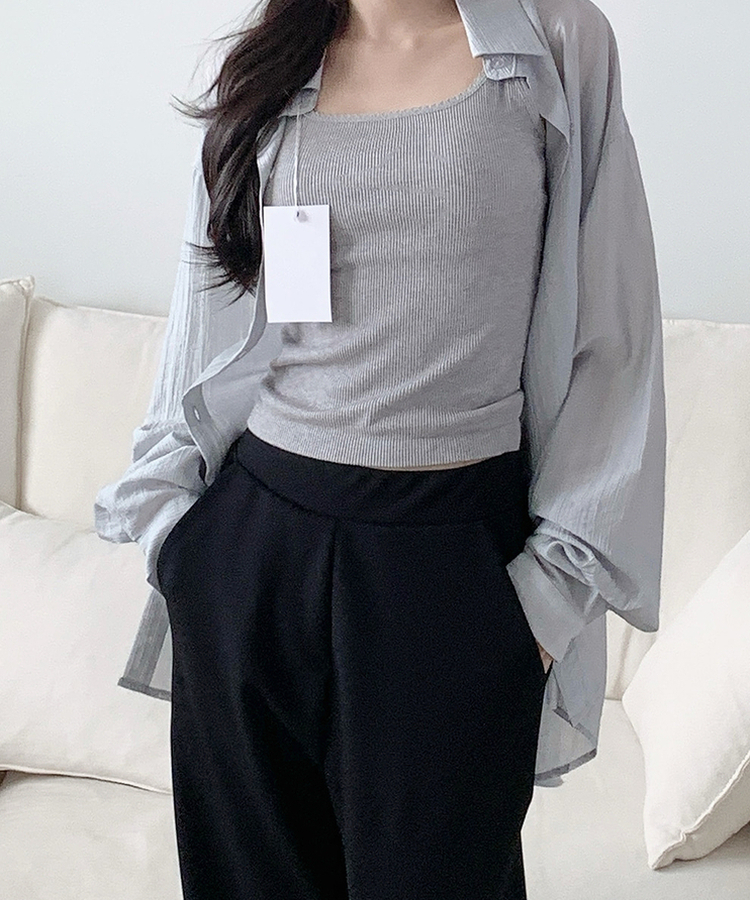 カラーネックロングシアーシャツ(5color) LIGHT GRAY