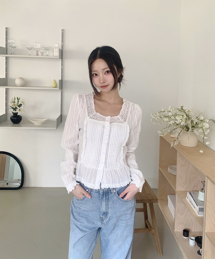 レースパフフリル長袖ブラウス IVORY