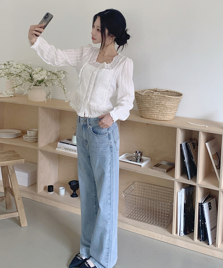 レースパフフリル長袖ブラウス IVORY